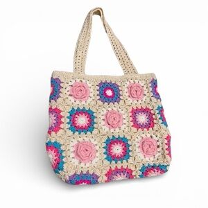 Unique Hand-Crocheted Floral Tote Bag - Multicolor (Pink, Purple, Cream) NEW
